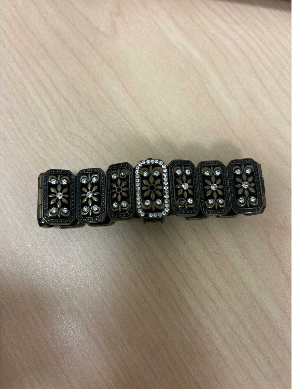 Vintage Inspired Dark Metal Stretch Bracelet Filigree and Rhinestones